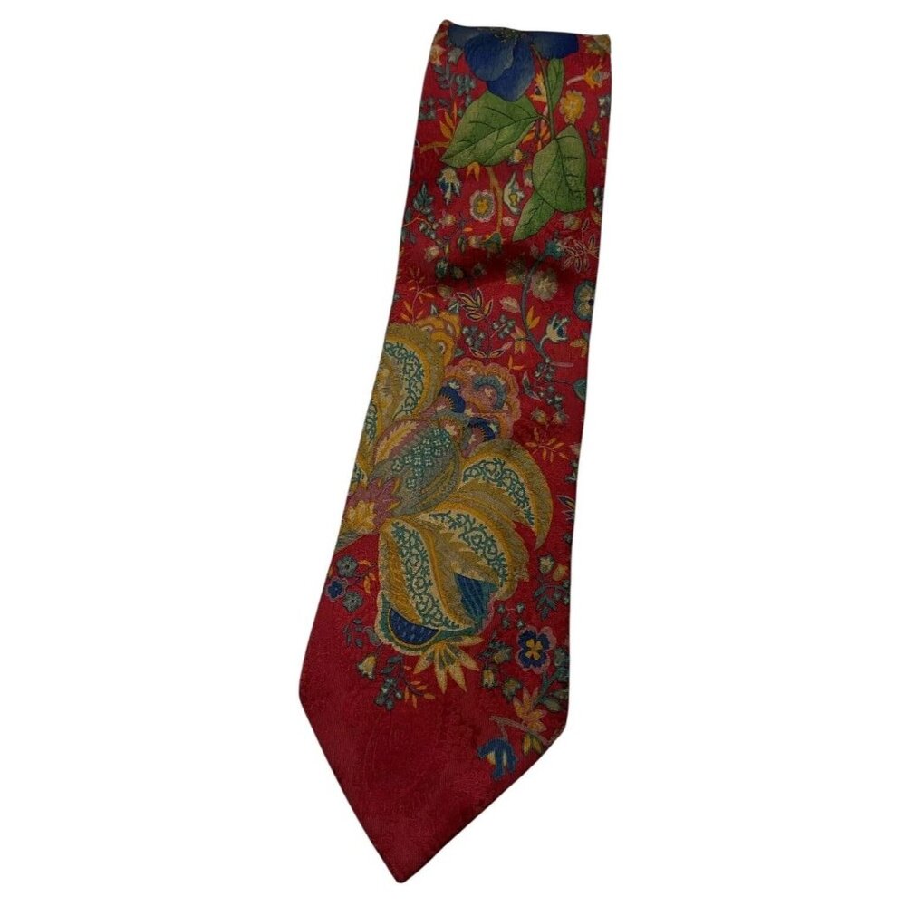 LEONARD Men's 100% Silk Necktie LUXURY Tie Red Floral Leaf W:3.8" EUC